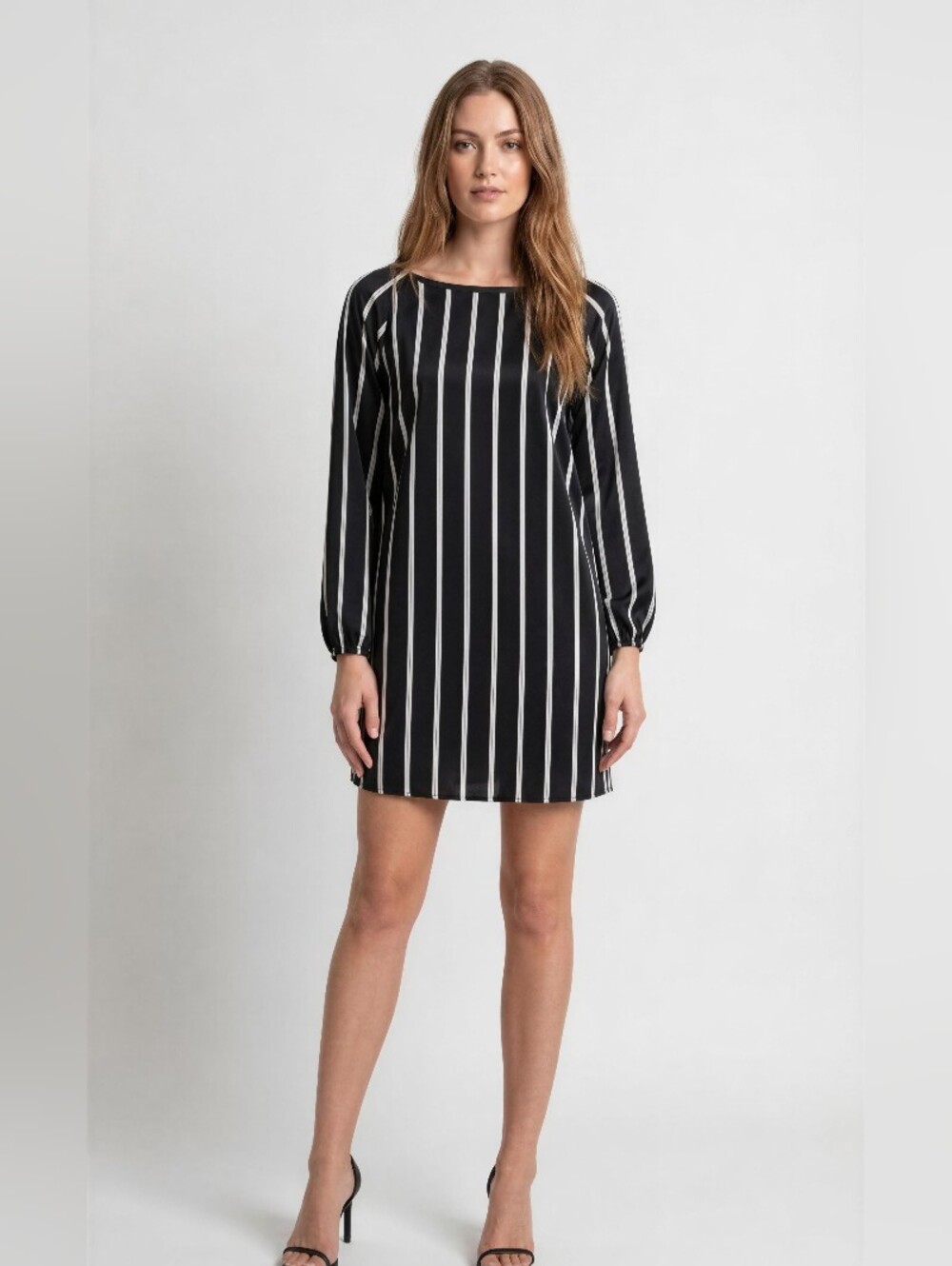 LOFT Black and White Vertical Stripe Long-Sleeve Shift Dress SIZE MEDIUM
